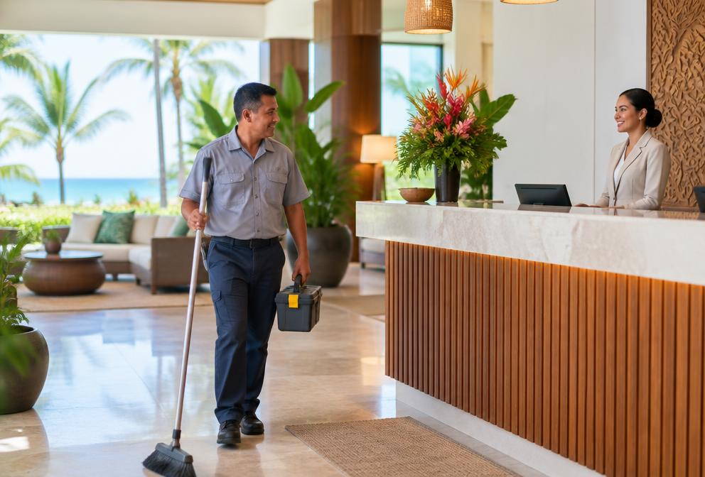 A hotel maintenance worker walking through a bright lobby