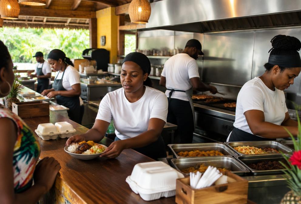 Staff serving customers at a busy quick-service restaurant counter