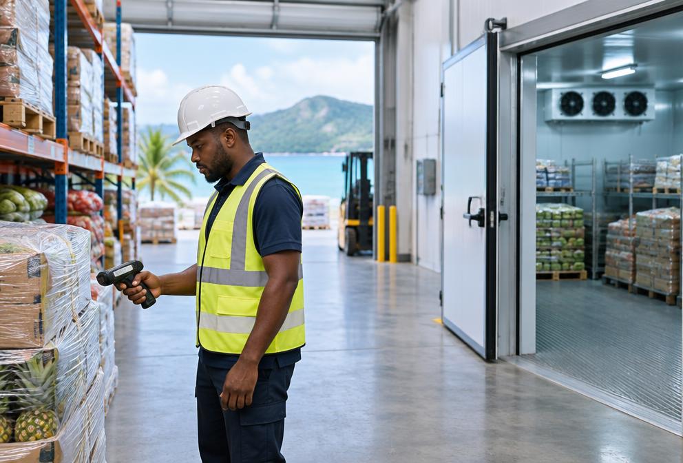 A warehouse worker scanning pallets beside a cold room